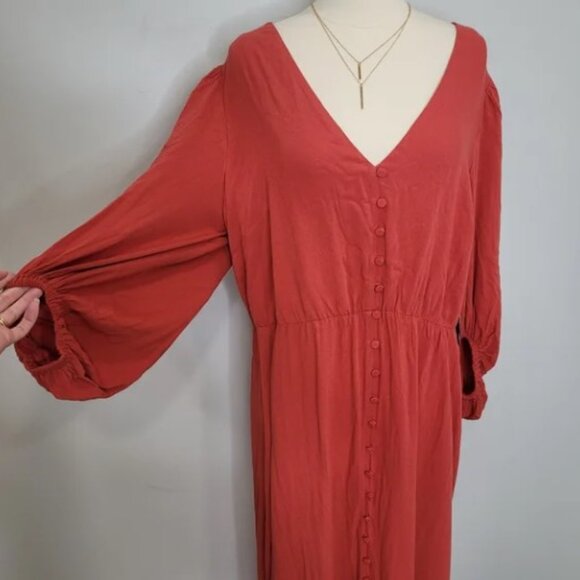 Eloquii Strappy Plunge Back Button Front Orange Long Sleeve Plus Maxi Dress 14 - Picture 5 of 13